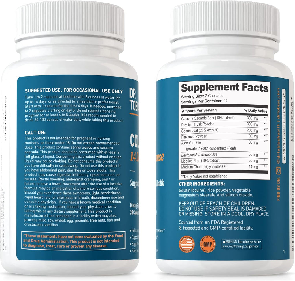 Dr. Tobias Colon 14 Day Cleanse, Advanced Gut Cleanse Detox for Women & Men with Cascara Sagrada, Psyllium Husk & Senna Leaf, Non-GMO Colon Cleanse, 28 Capsules (1-2 Daily)
